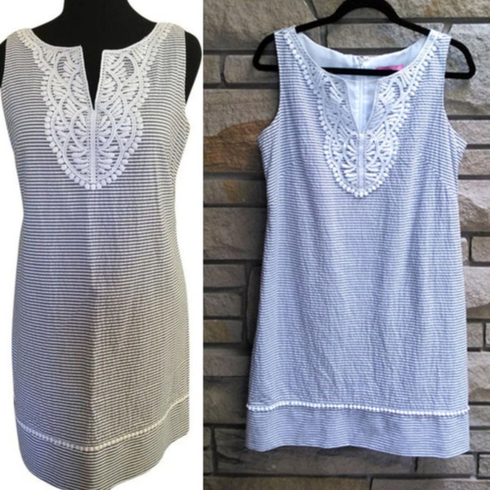 Eliza J Shift Dress Seersucker Stripe Crochet 12P